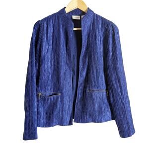 Chico’s Cobalt Blue Crinkled Plisse Satin Band Collar Jacket Size 4